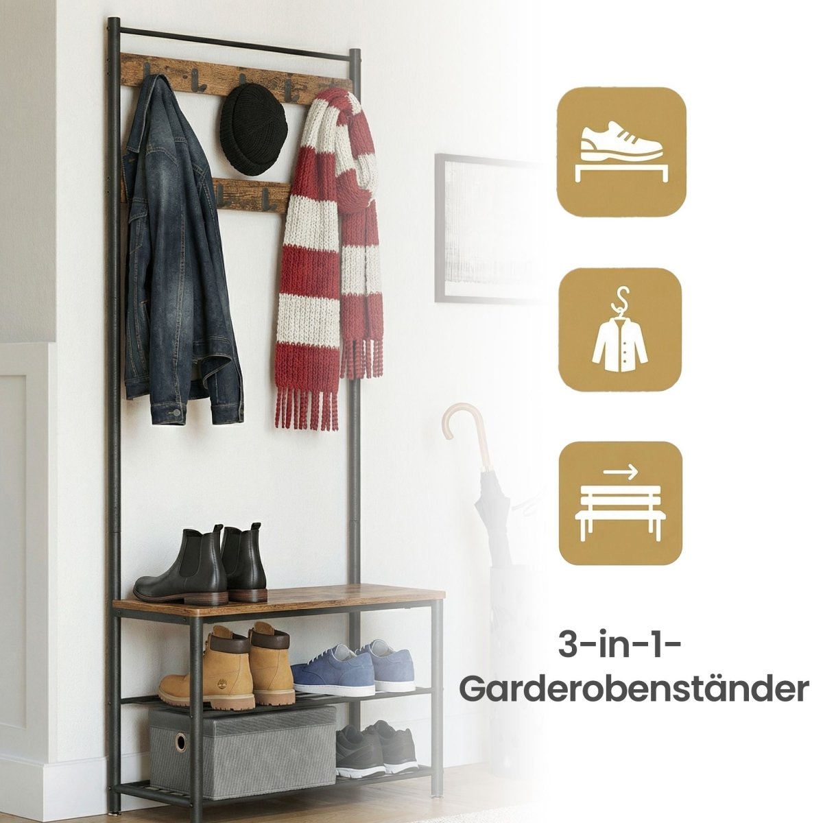 Garderobenständer – Bennet – mit Sitzbank & Schuhablagen – 70 cm - nestful