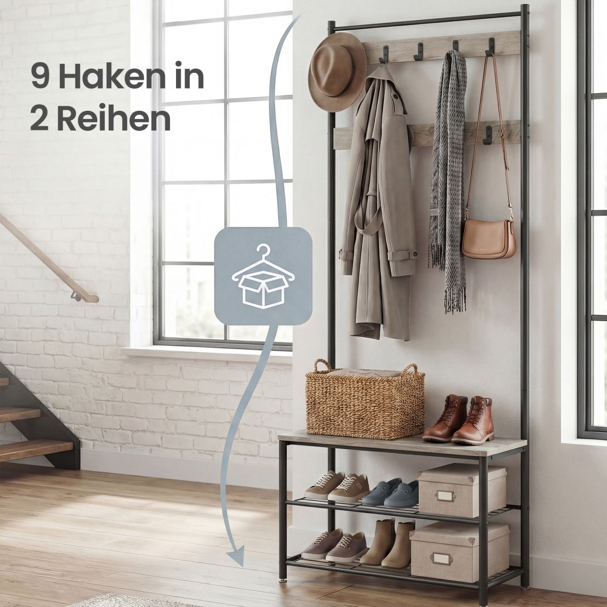 Garderobenständer – Bennet – mit Sitzbank & Schuhablagen – 70 cm - nestful