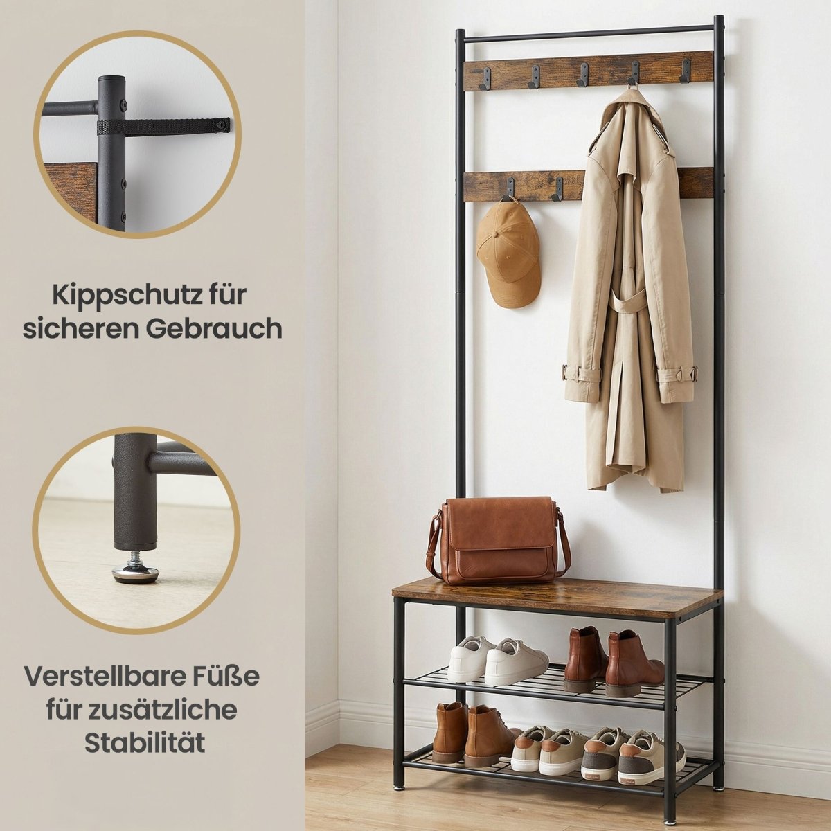Garderobenständer – Bennet – mit Sitzbank & Schuhablagen – 70 cm - nestful
