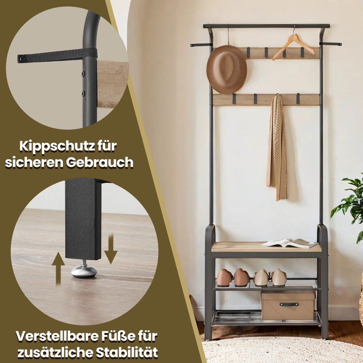 Garderobenständer – Erik – mit Schuhbank & Haken – 72 cm - nestful