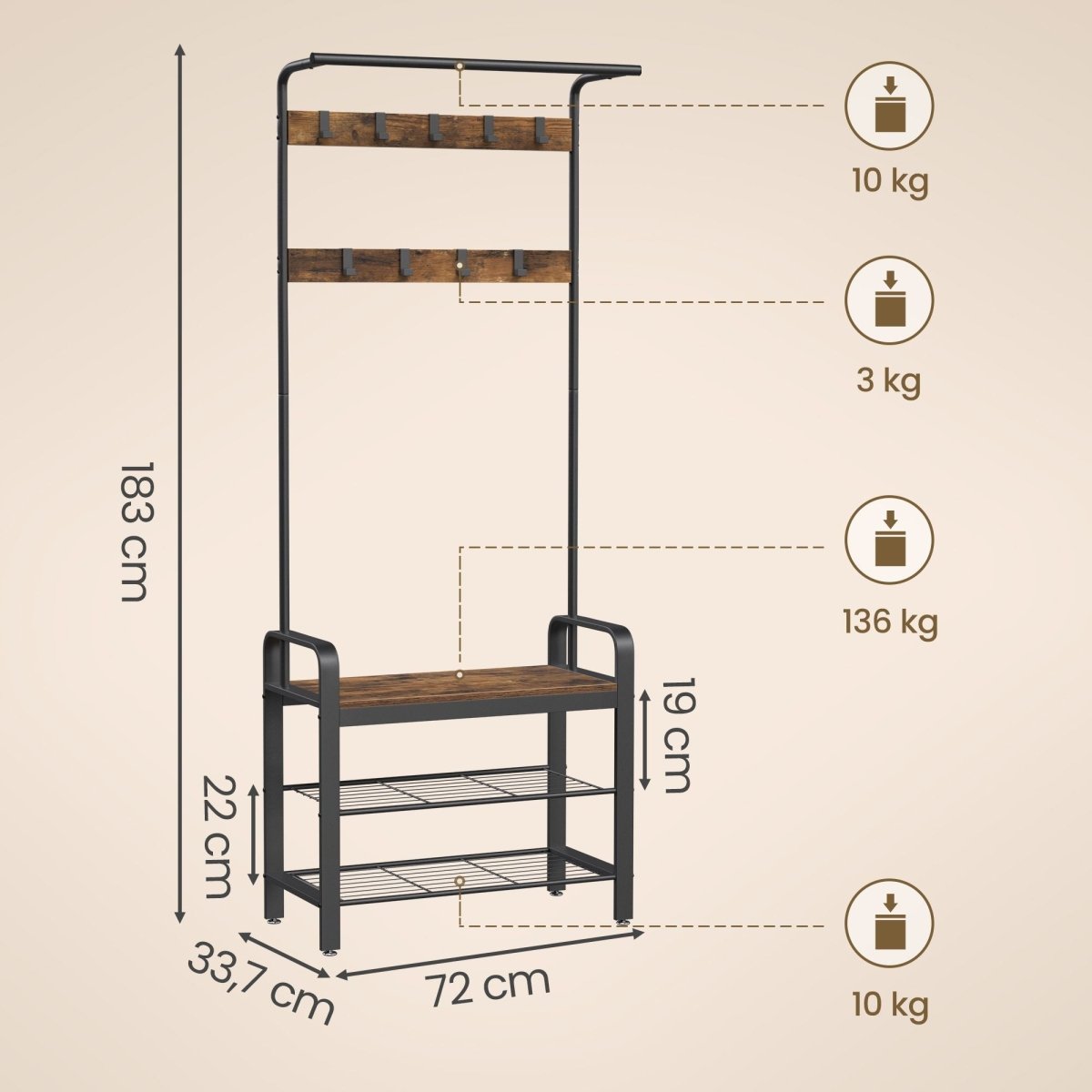 Garderobenständer – Erik – mit Schuhbank & Haken – 72 cm - nestful