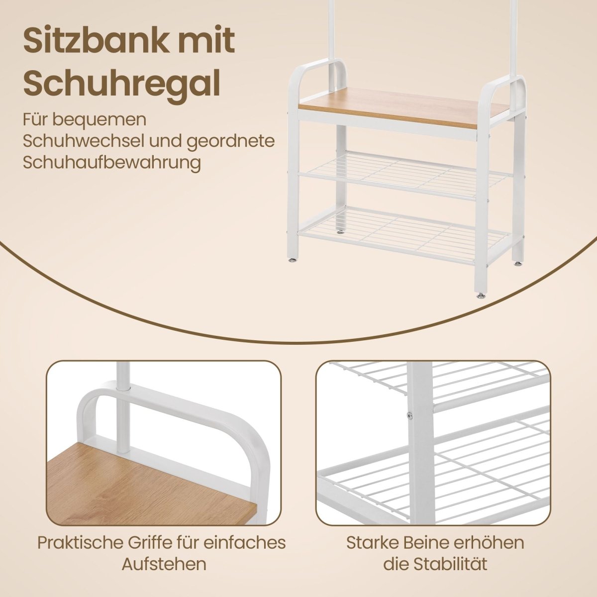 Garderobenständer – Erik – mit Schuhbank & Haken – 72 cm - nestful