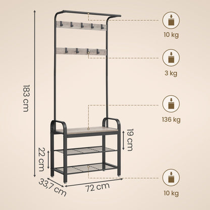 Garderobenständer – Erik – mit Schuhbank & Haken – 72 cm - nestful