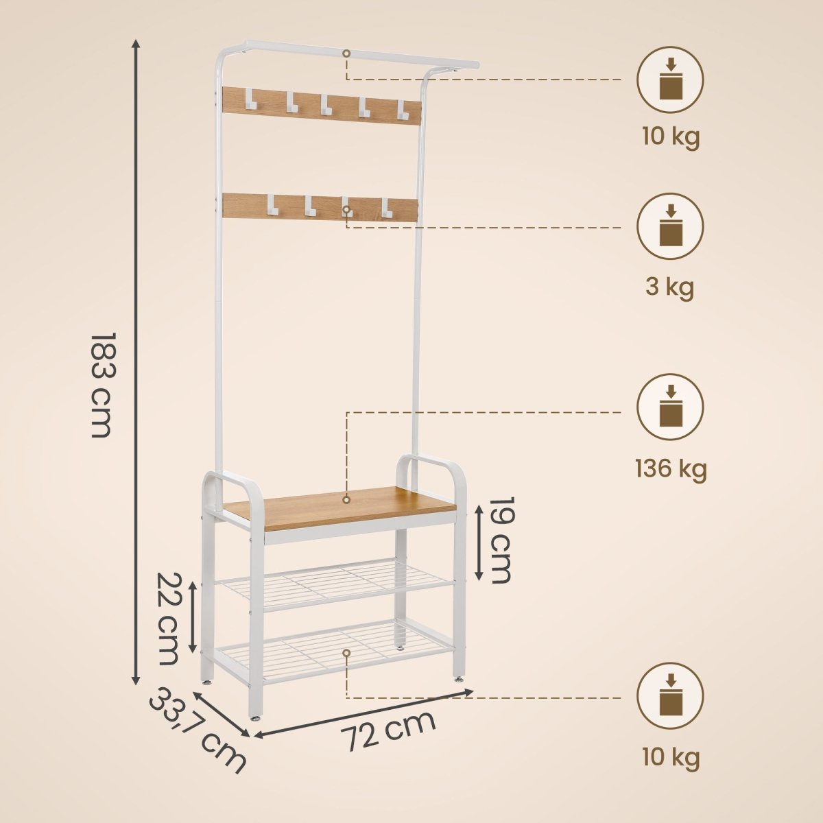 Garderobenständer – Erik – mit Schuhbank & Haken – 72 cm - nestful