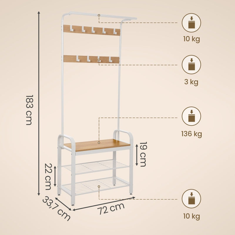 Garderobenständer – Erik – mit Schuhbank & Haken – 72 cm - nestful