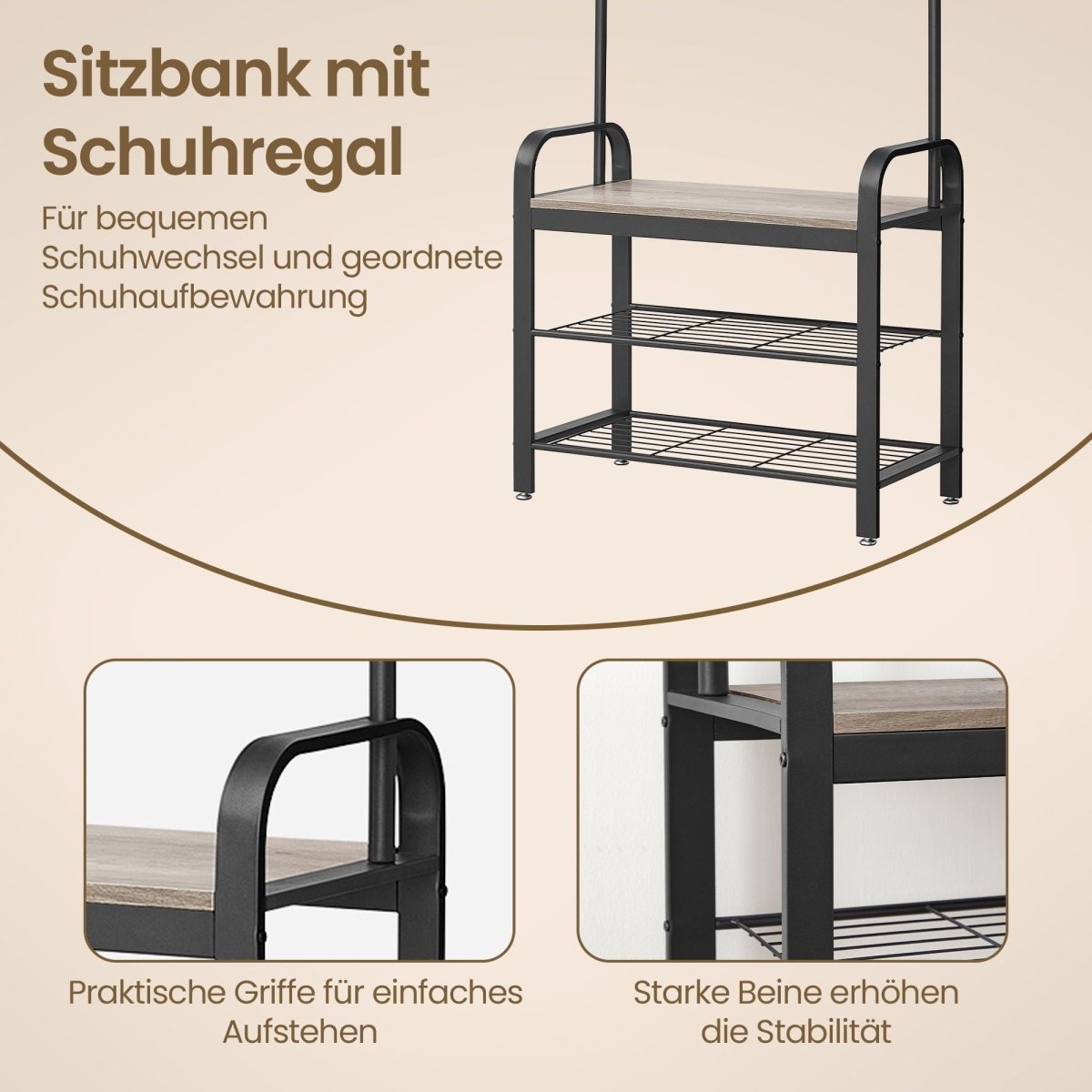 Garderobenständer – Erik – mit Schuhbank & Haken – 72 cm - nestful