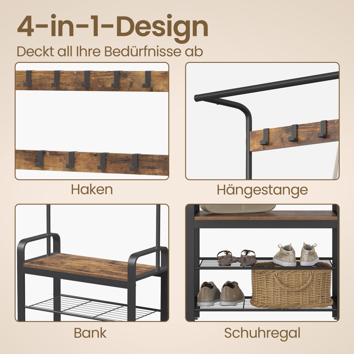 Garderobenständer – Erik – mit Schuhbank & Haken – 72 cm - nestful