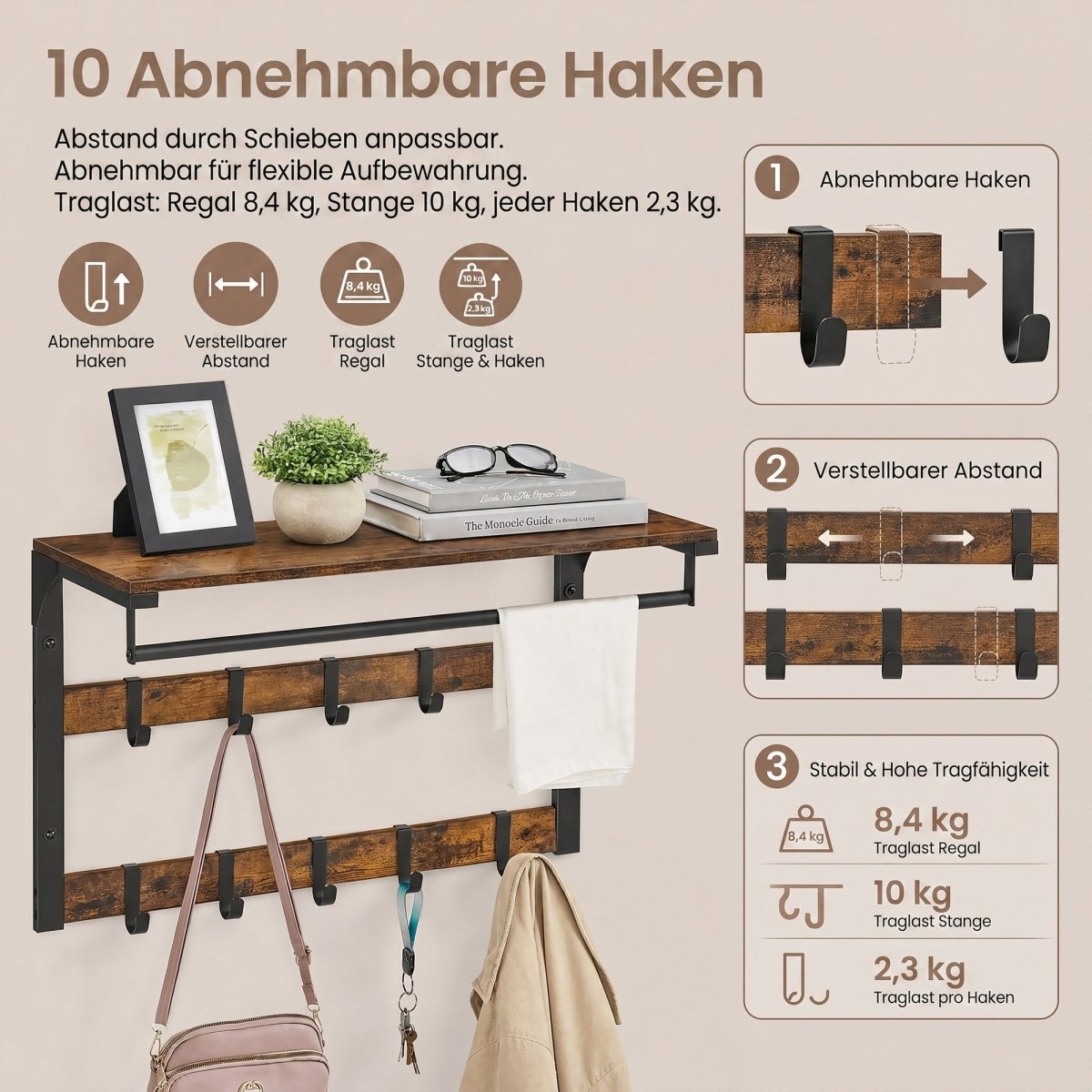 Garderobenständer – Fiete – für die Wand mit Ablage & 10 Haken - nestful
