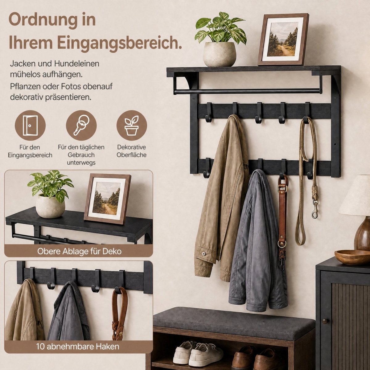 Garderobenständer – Fiete – für die Wand mit Ablage & 10 Haken - nestful