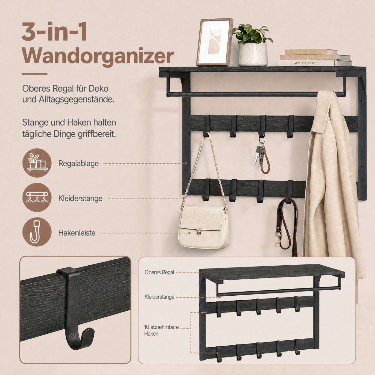 Garderobenständer – Fiete – für die Wand mit Ablage & 10 Haken - nestful