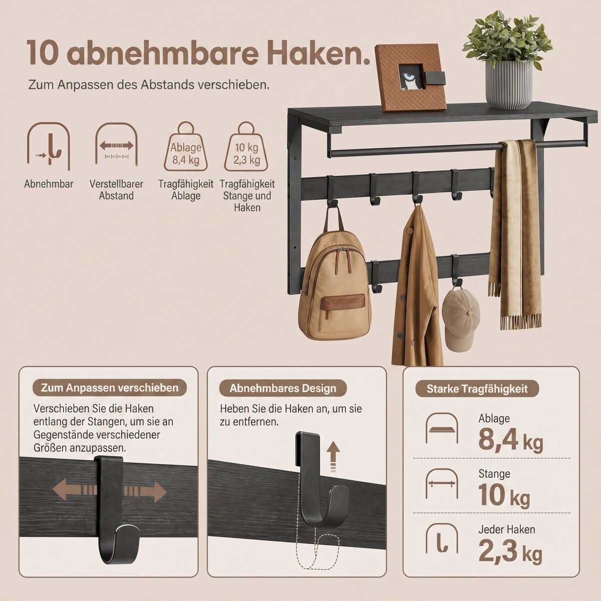 Garderobenständer – Fiete – für die Wand mit Ablage & 10 Haken - nestful
