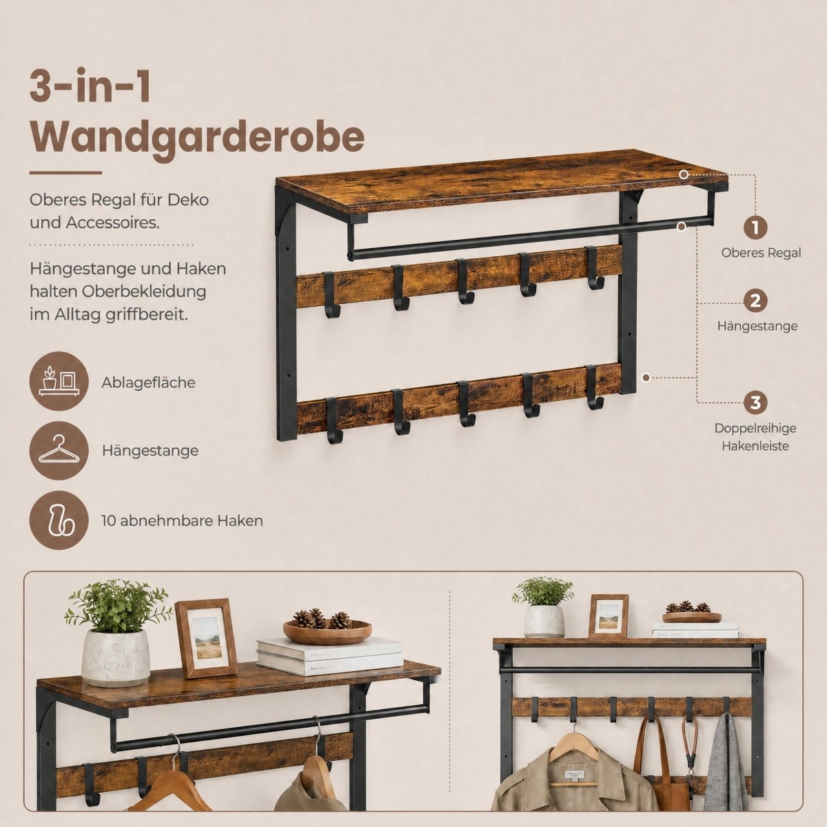 Garderobenständer – Fiete – für die Wand mit Ablage & 10 Haken - nestful