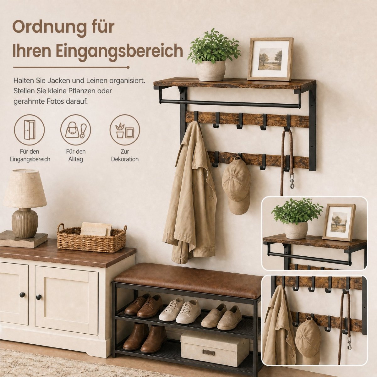 Garderobenständer – Fiete – für die Wand mit Ablage & 10 Haken - nestful