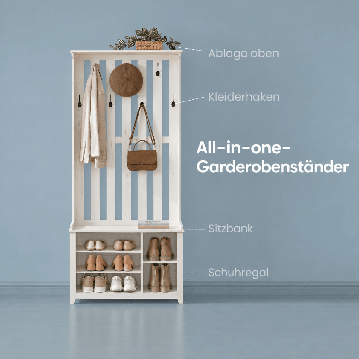 Garderobenständer – Jasper – mit Sitzbank & oberer Ablage - nestful