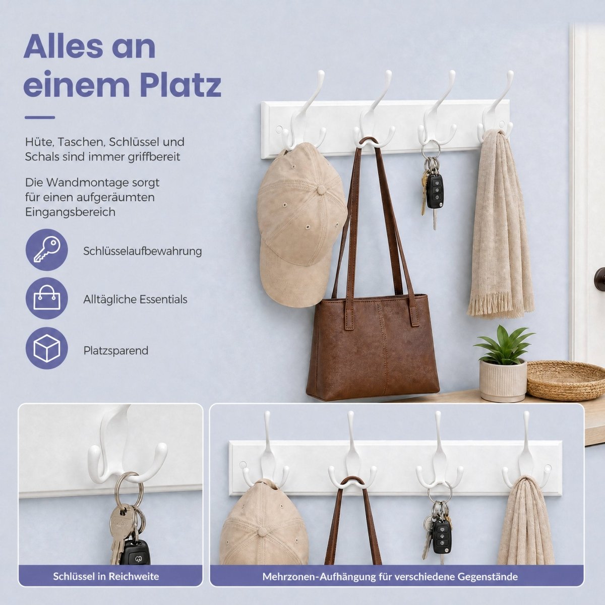 Garderobenständer – Joris – für die Wand mit Dreifachhaken - nestful