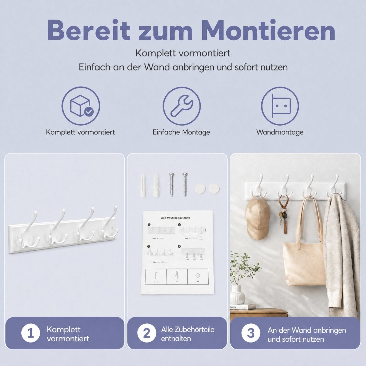 Garderobenständer – Joris – für die Wand mit Dreifachhaken - nestful