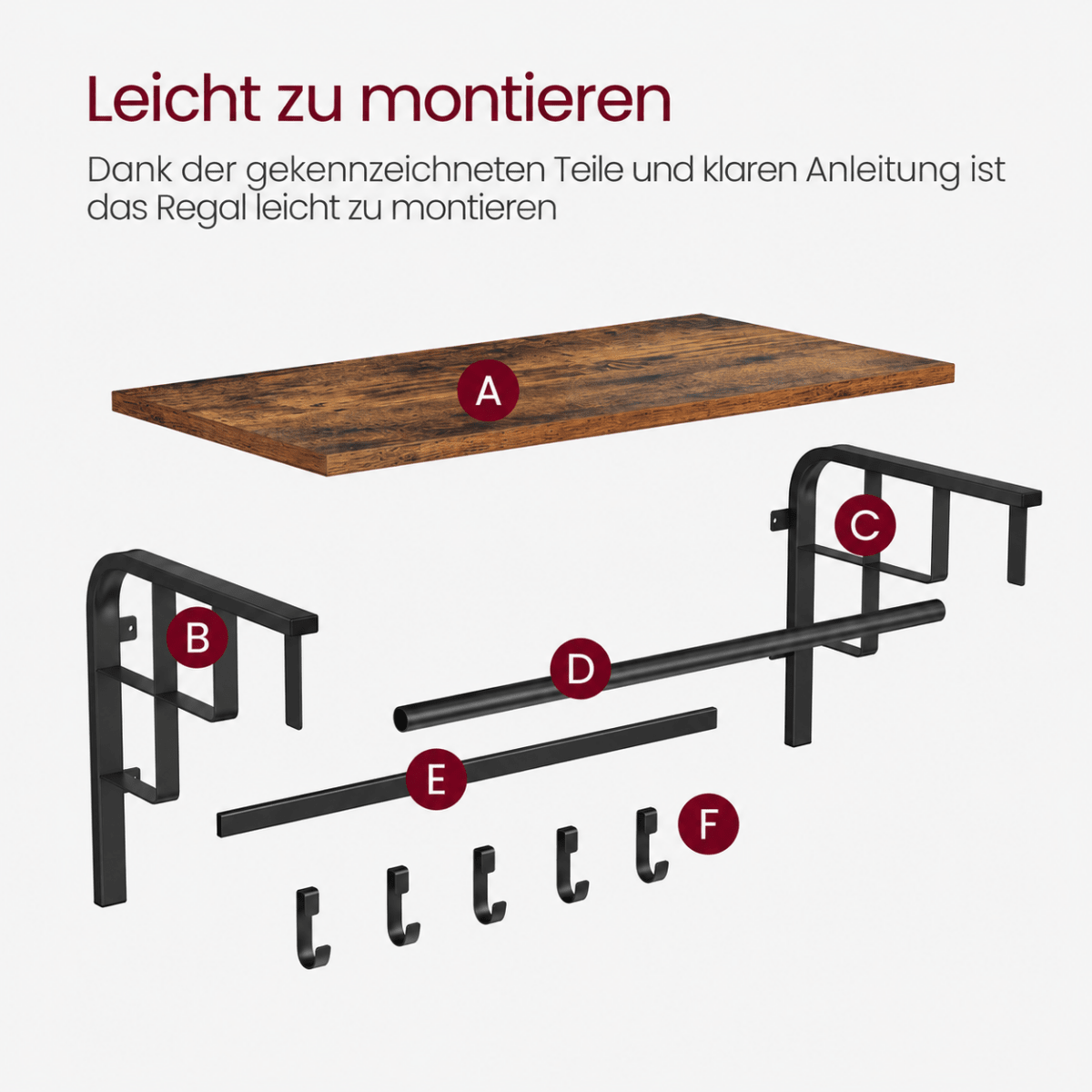 Garderobenständer – Lennart – für die Wand mit Ablage & 5 Haken - nestful
