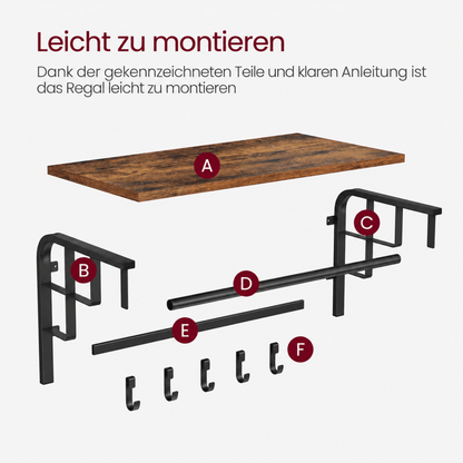 Garderobenständer – Lennart – für die Wand mit Ablage & 5 Haken - nestful