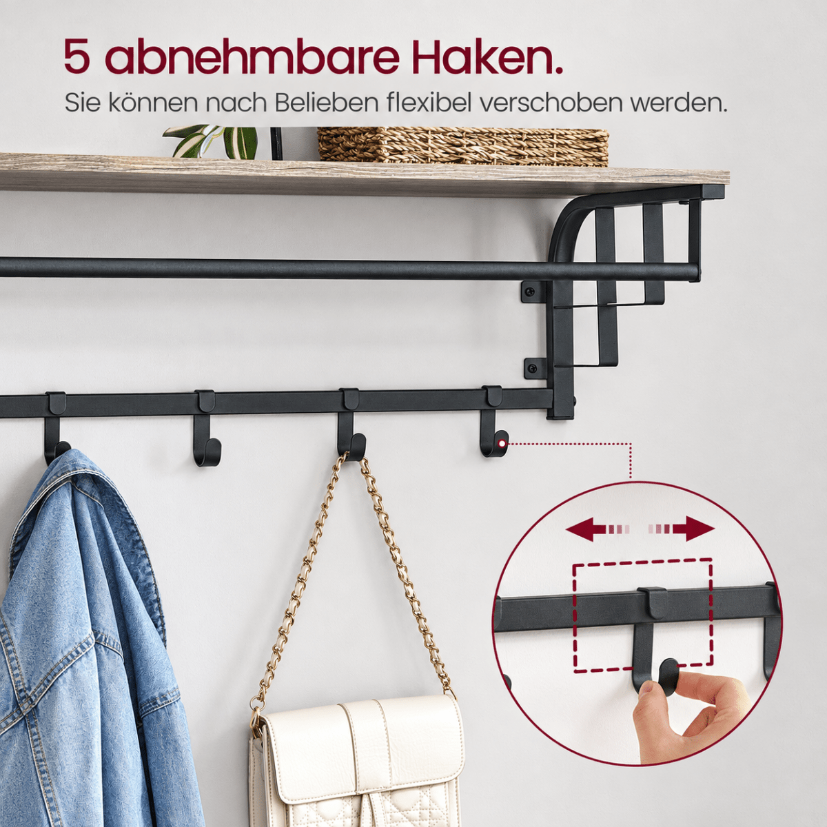 Garderobenständer – Lennart – für die Wand mit Ablage & 5 Haken - nestful