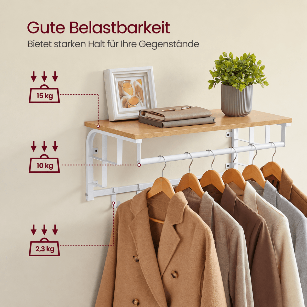 Garderobenständer – Lennart – für die Wand mit Ablage & 5 Haken - nestful