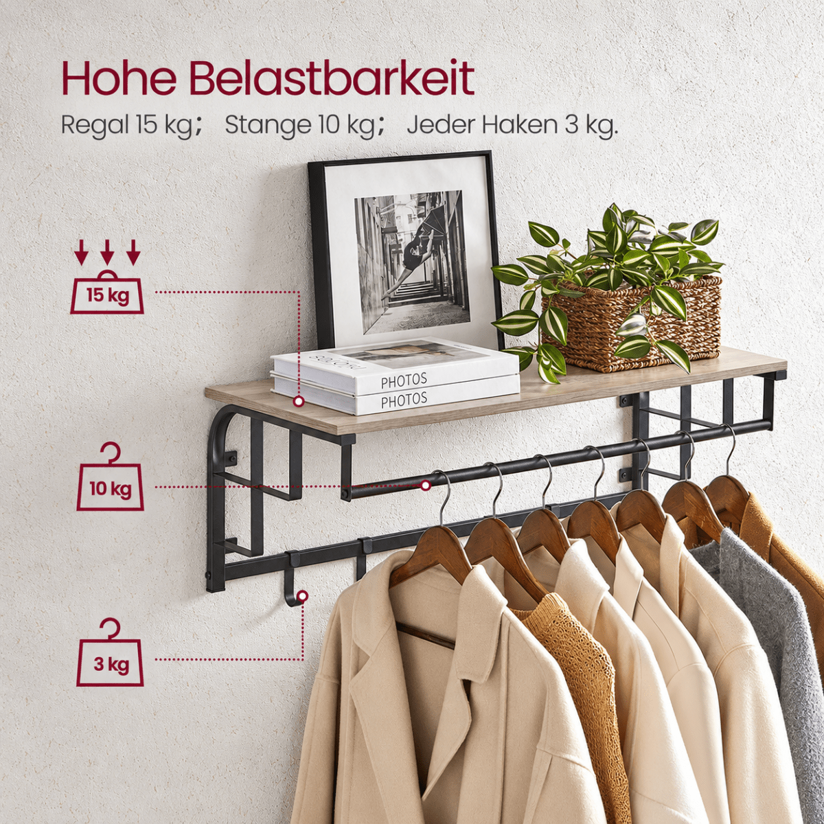 Garderobenständer – Lennart – für die Wand mit Ablage & 5 Haken - nestful