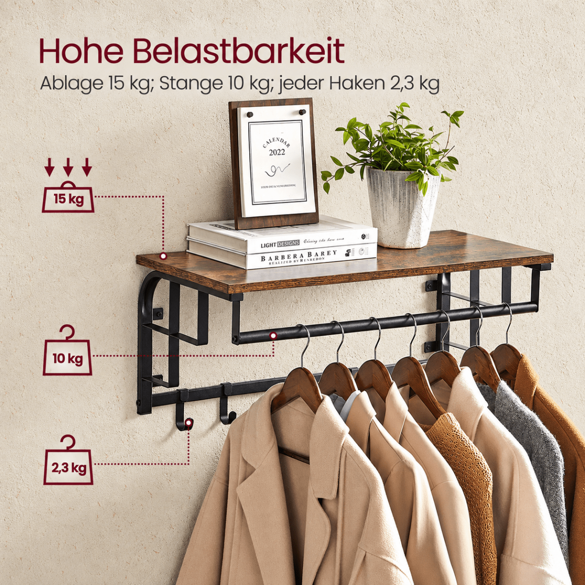 Garderobenständer – Lennart – für die Wand mit Ablage & 5 Haken - nestful
