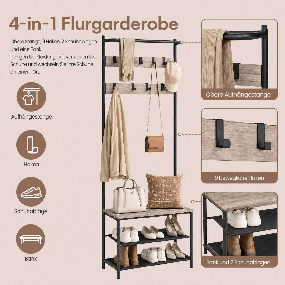 Garderobenständer – Mats – mit Schuhbank – 64 oder 84 cm - nestful