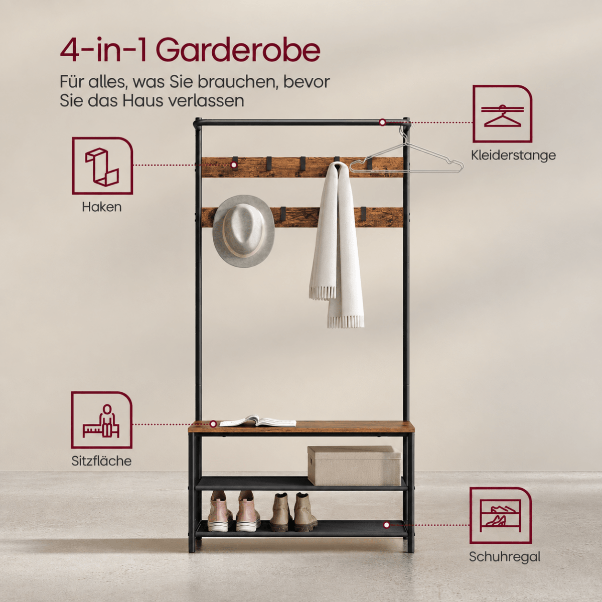 Garderobenständer – Mats – mit Schuhbank – 64 oder 84 cm - nestful