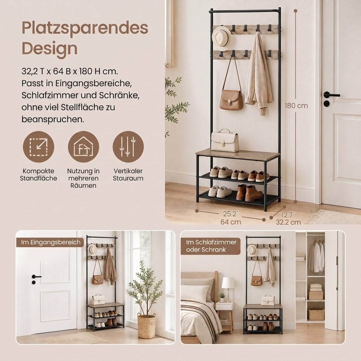 Garderobenständer – Mats – mit Schuhbank – 64 oder 84 cm - nestful