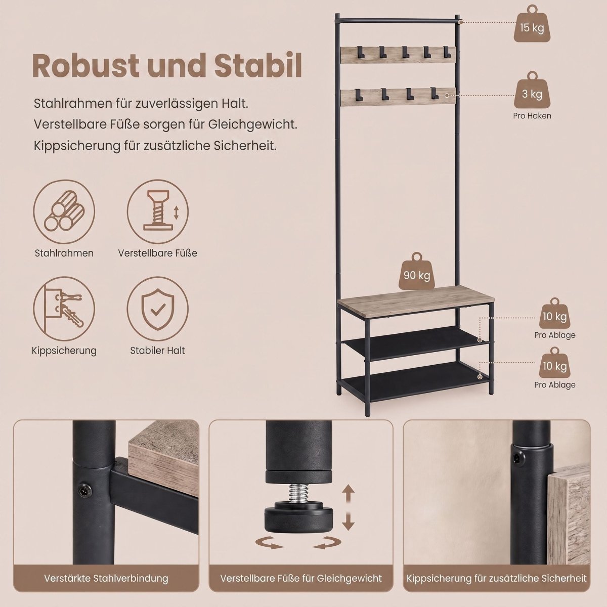 Garderobenständer – Mats – mit Schuhbank – 64 oder 84 cm - nestful