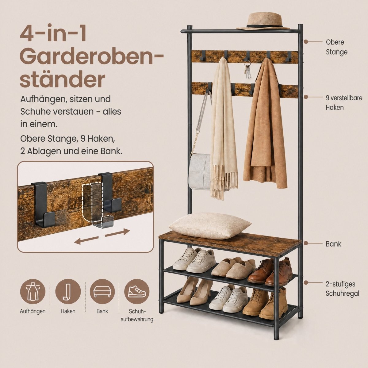 Garderobenständer – Mats – mit Schuhbank – 64 oder 84 cm - nestful