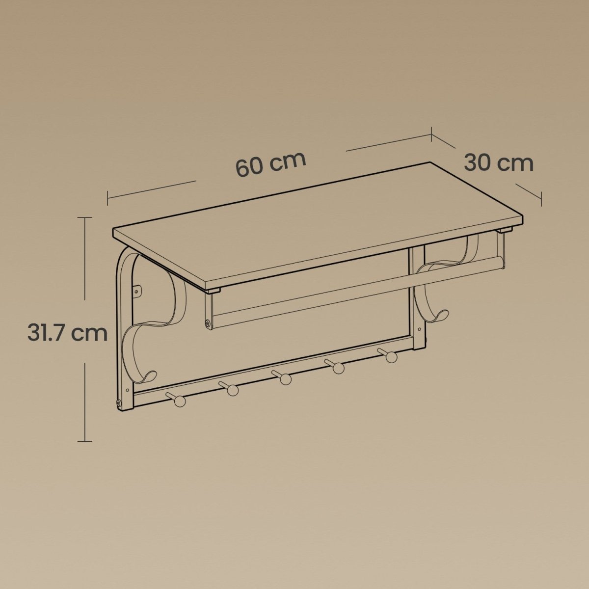 Garderobenständer – Peer – für die Wand mit Ablage & 5 Haken – 60 cm - nestful