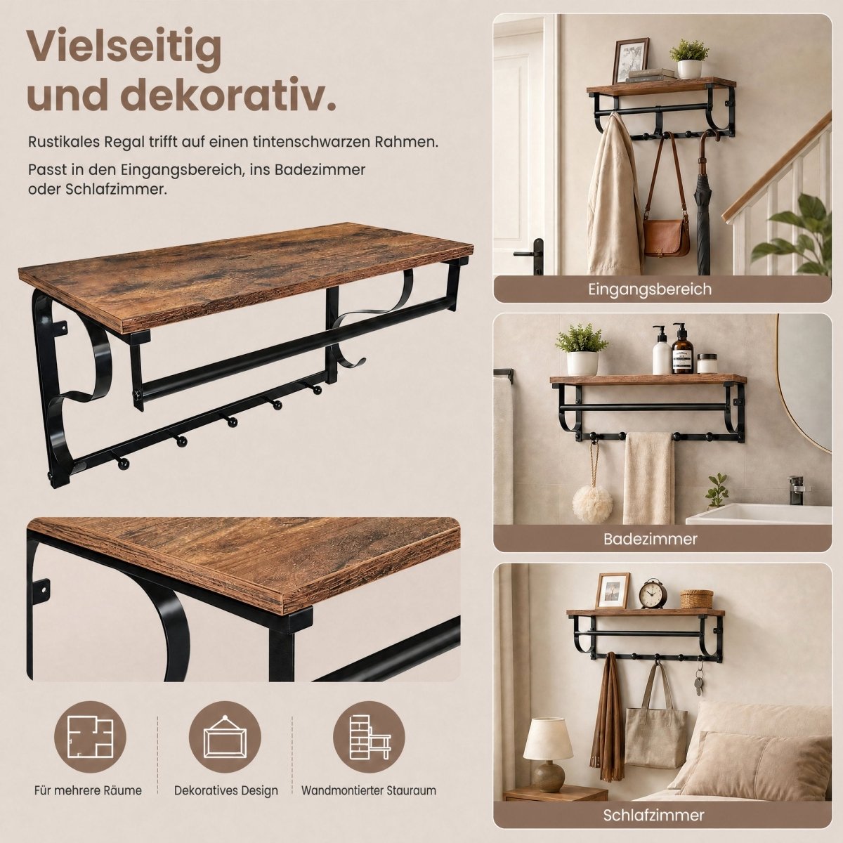 Garderobenständer – Peer – für die Wand mit Ablage & 5 Haken – 60 cm - nestful