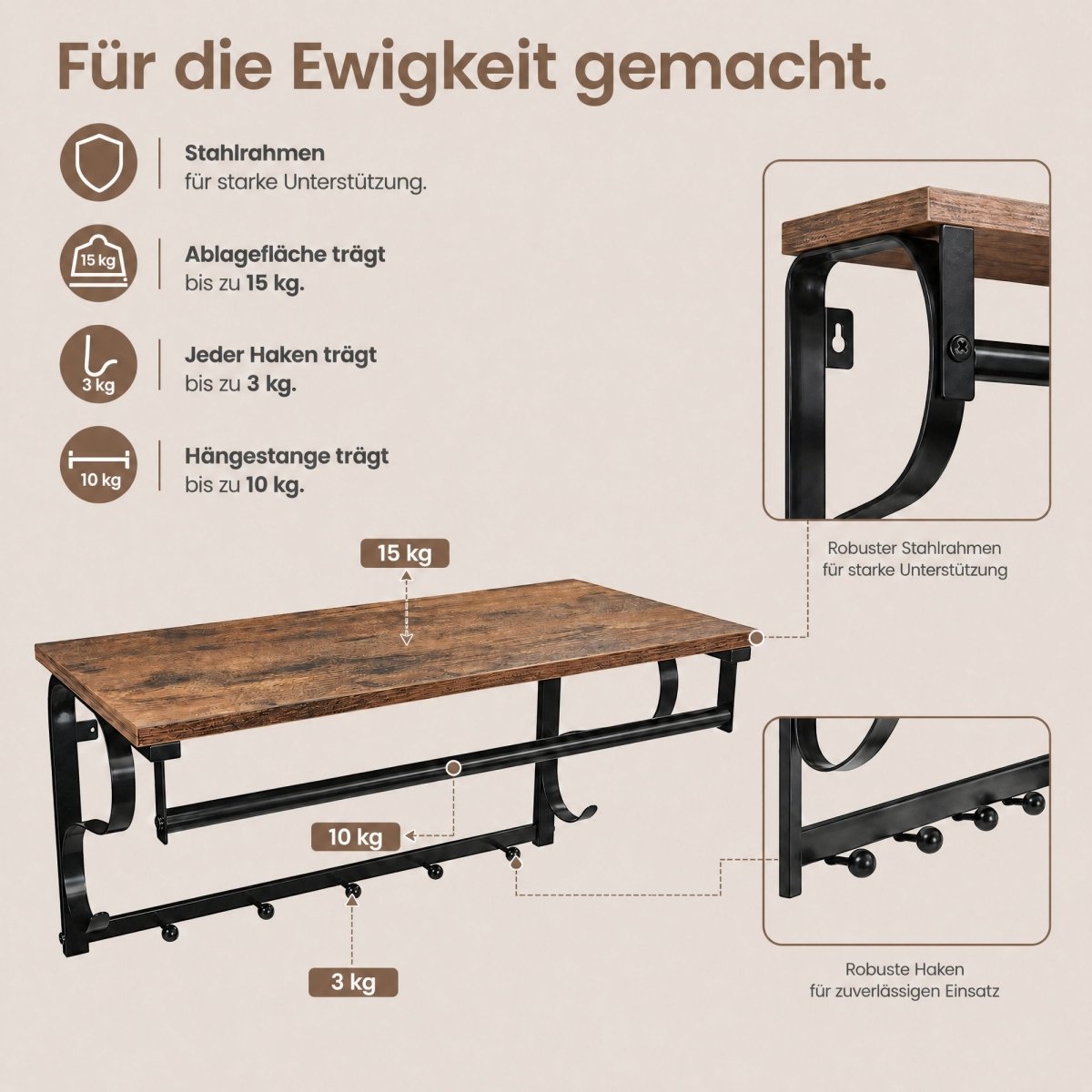 Garderobenständer – Peer – für die Wand mit Ablage & 5 Haken – 60 cm - nestful