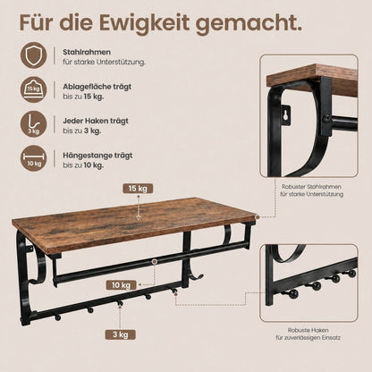 Garderobenständer – Peer – für die Wand mit Ablage & 5 Haken – 60 cm - nestful