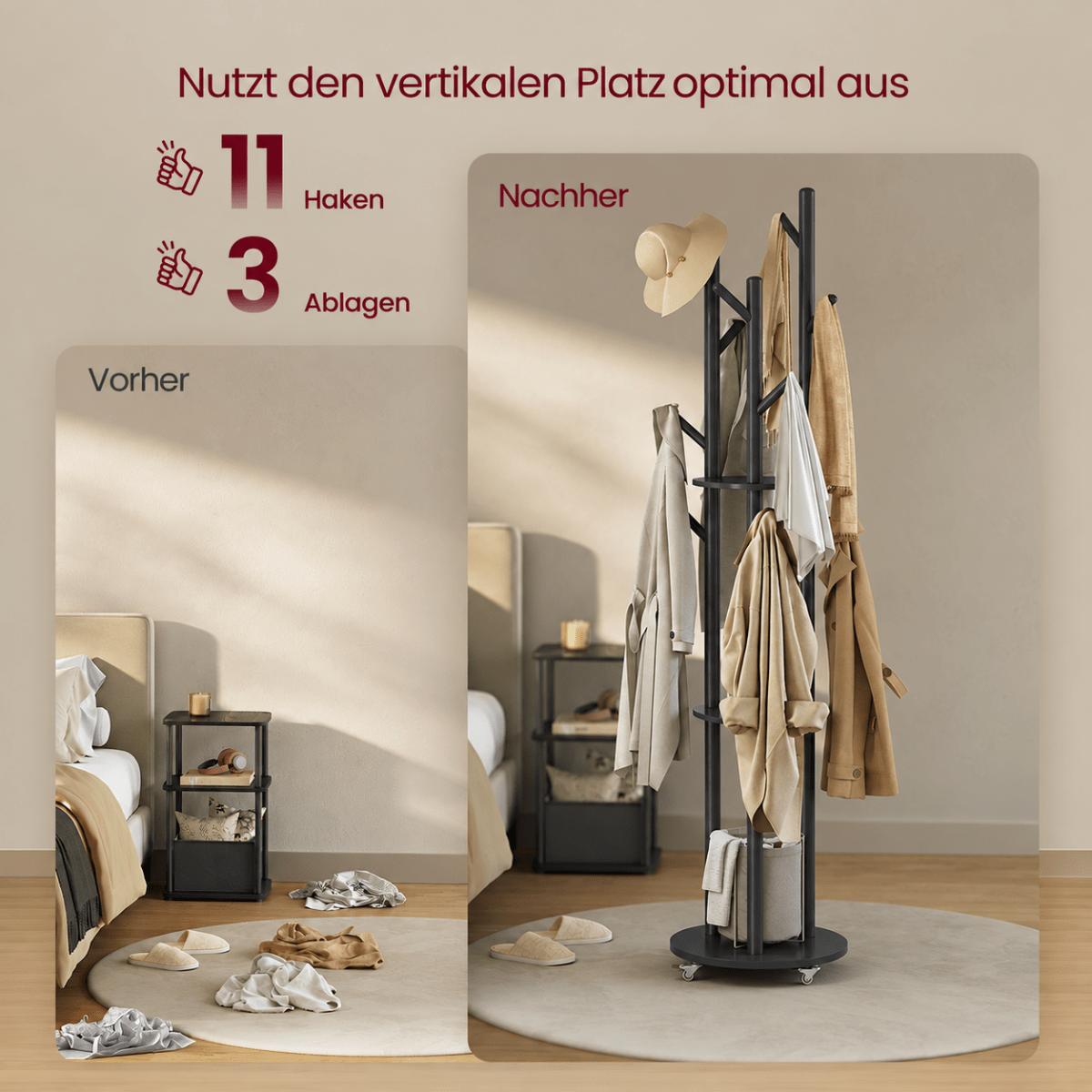 Garderobenständer – Piet – mit Rollen, Haken & drei Ablagen - nestful