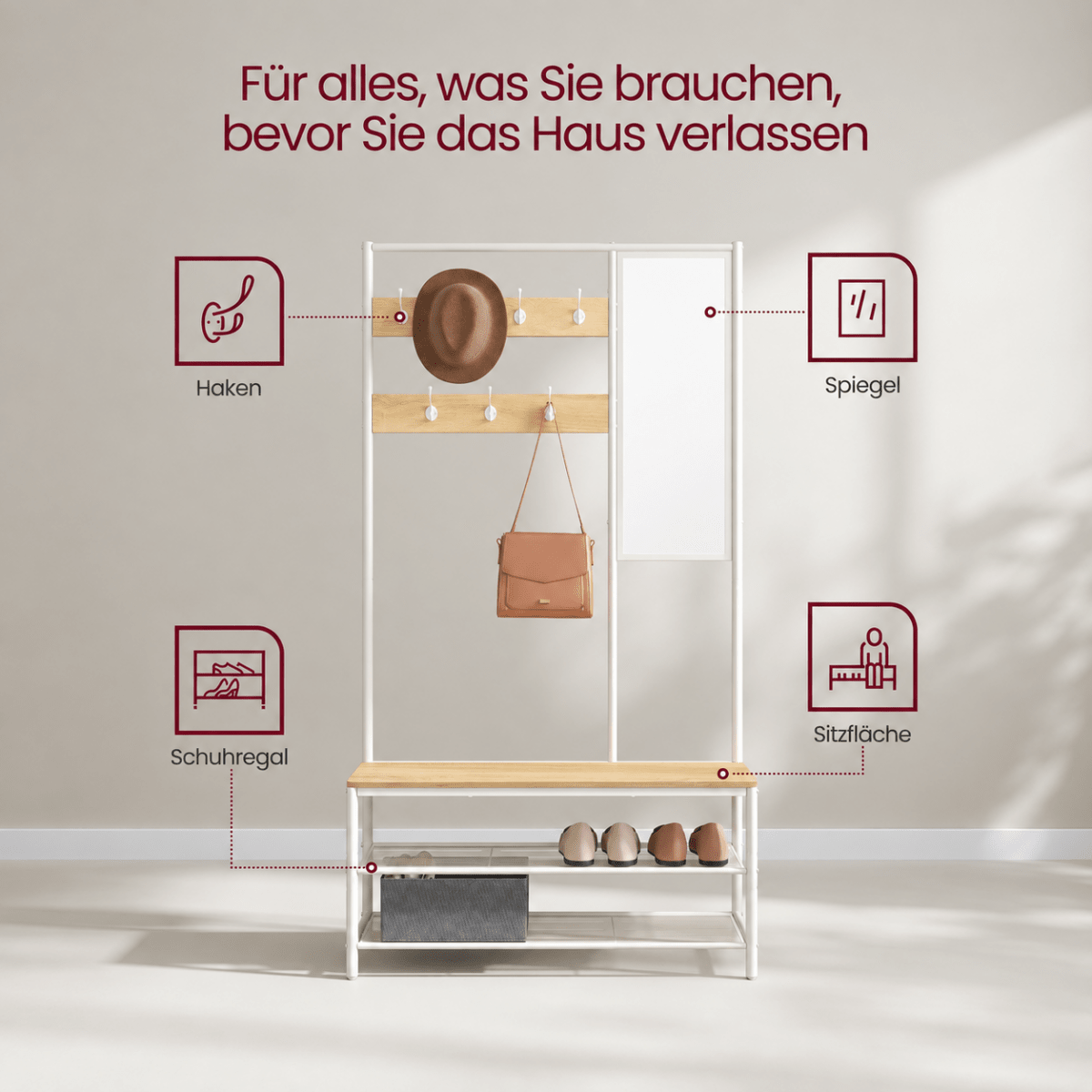 Garderobenständer – Theo – mit Spiegel & Sitzbank - nestful