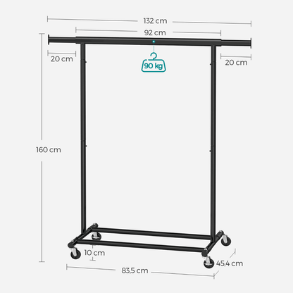Industriestil Kleiderständer 90kg – Oscar - Ausziehbar mit Rollen - nestful
