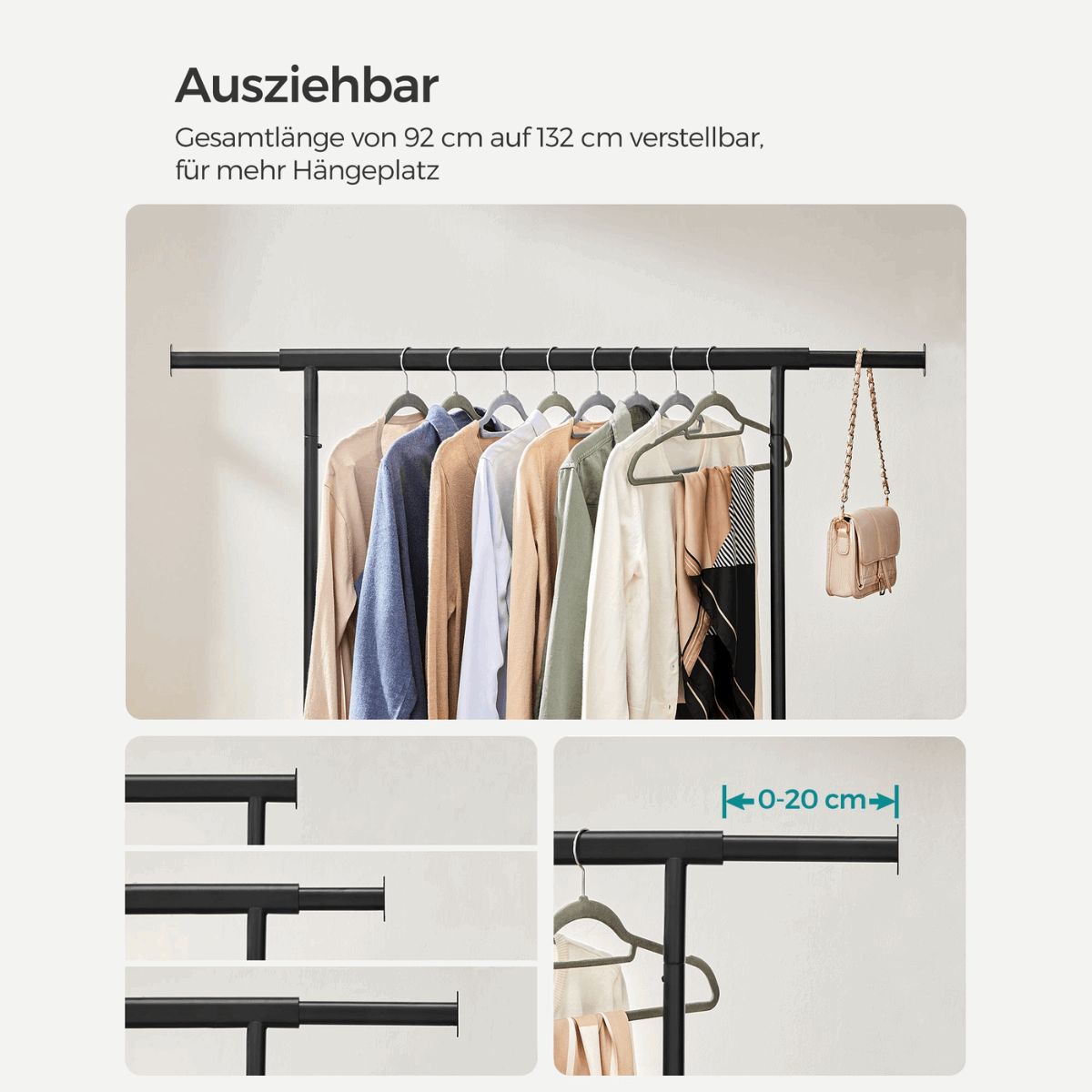 Industriestil Kleiderständer 90kg – Oscar - Ausziehbar mit Rollen - nestful