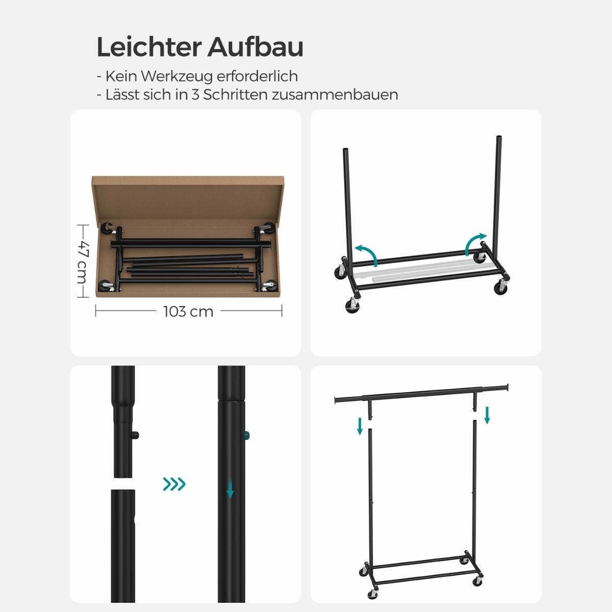 Industriestil Kleiderständer 90kg – Oscar - Ausziehbar mit Rollen - nestful