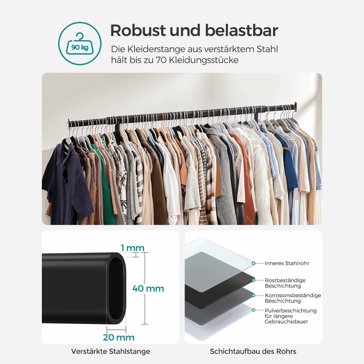 Industriestil Kleiderständer 90kg – Oscar - Ausziehbar mit Rollen - nestful