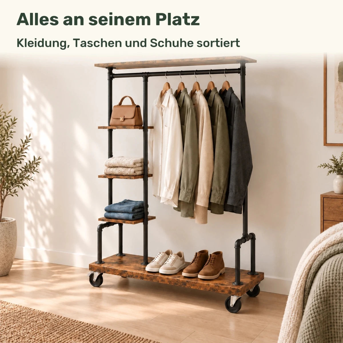 Kleiderständer auf Rollen Adam – 90 kg, mit Ablagen in Holzoptik - nestful