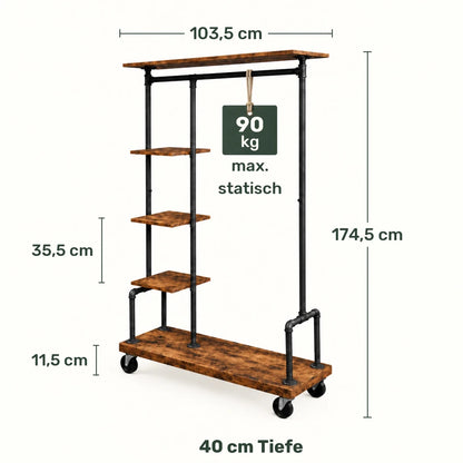 Kleiderständer auf Rollen Adam – 90 kg, mit Ablagen in Holzoptik - nestful