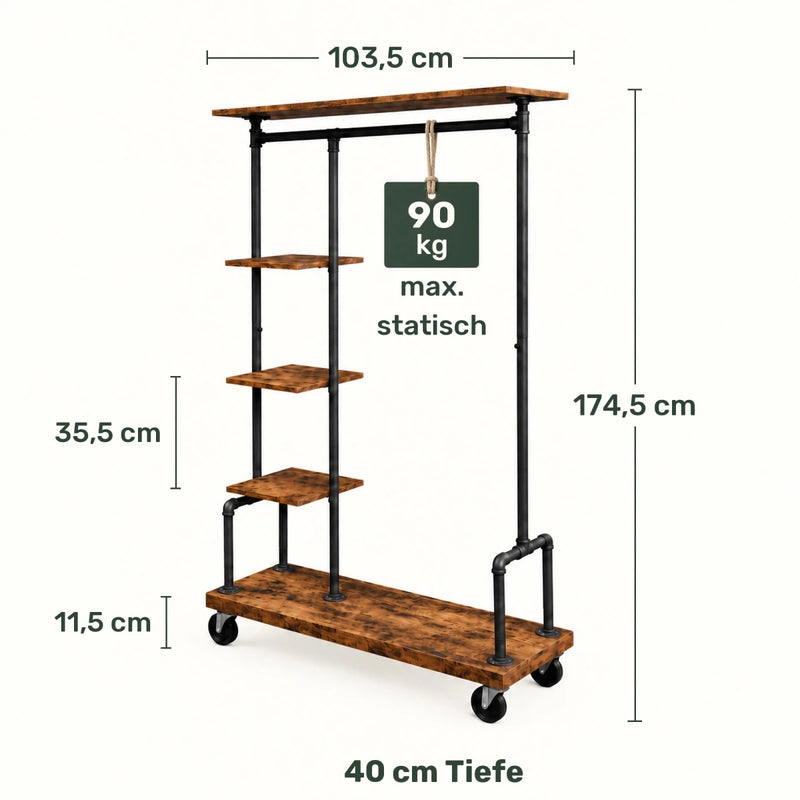 Kleiderständer auf Rollen Adam – 90 kg, mit Ablagen in Holzoptik - nestful