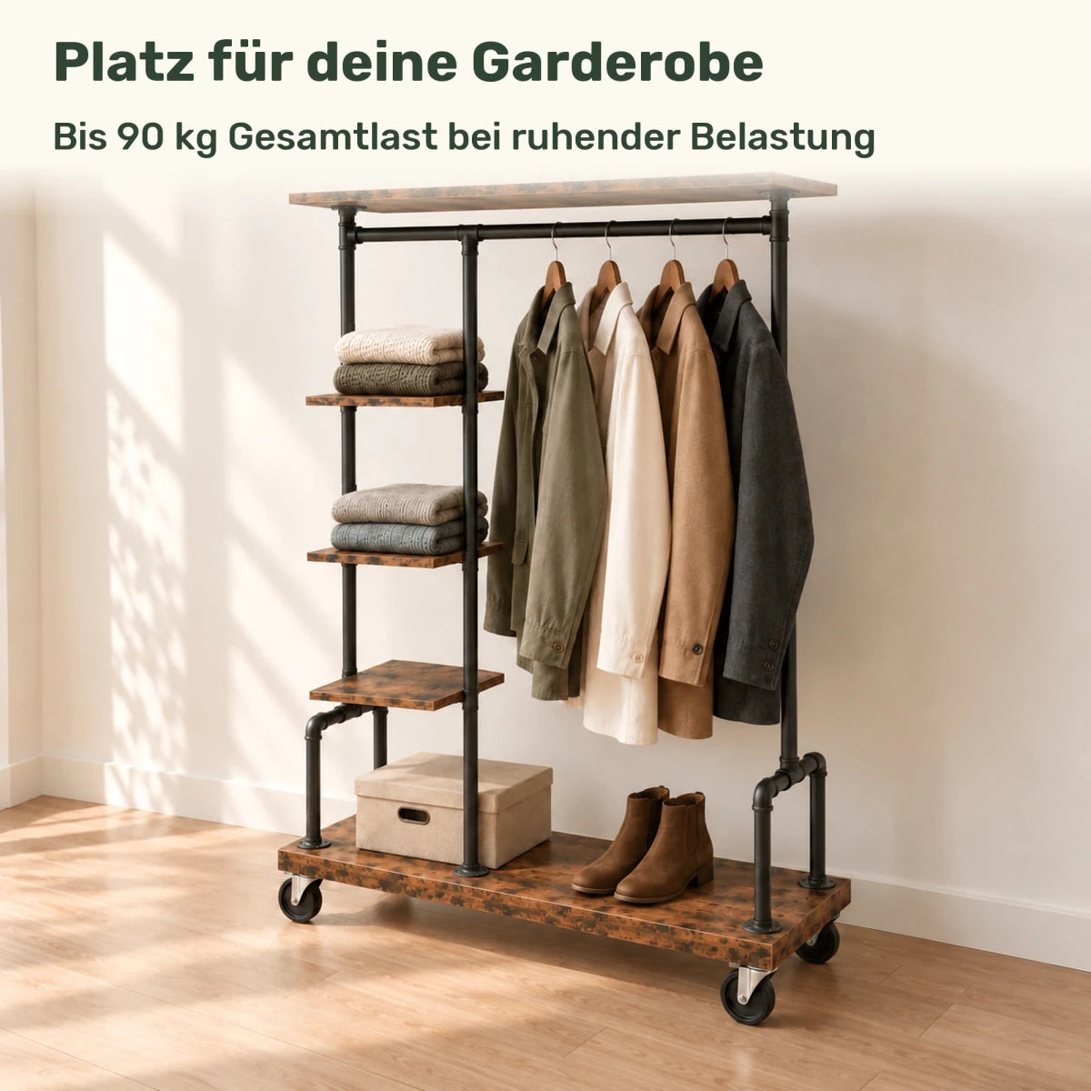 Kleiderständer auf Rollen Adam – 90 kg, mit Ablagen in Holzoptik - nestful