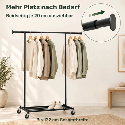 Kleiderständer auf Rollen Bernis – 80 kg, ausziehbar mit Schuhablage - nestful
