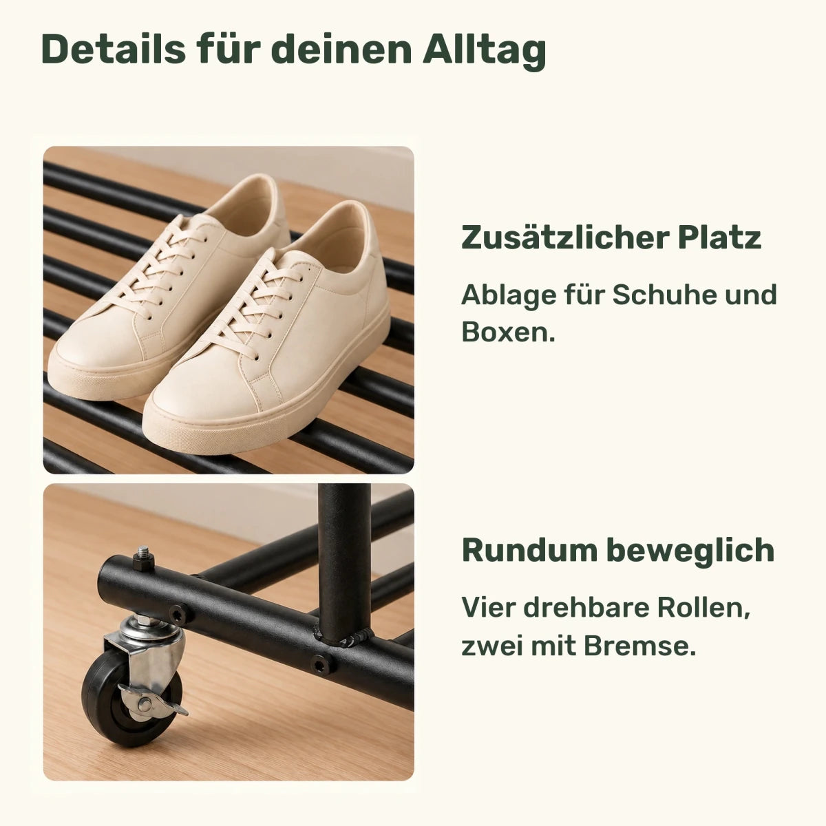 Kleiderständer auf Rollen Bernis – 80 kg, ausziehbar mit Schuhablage - nestful