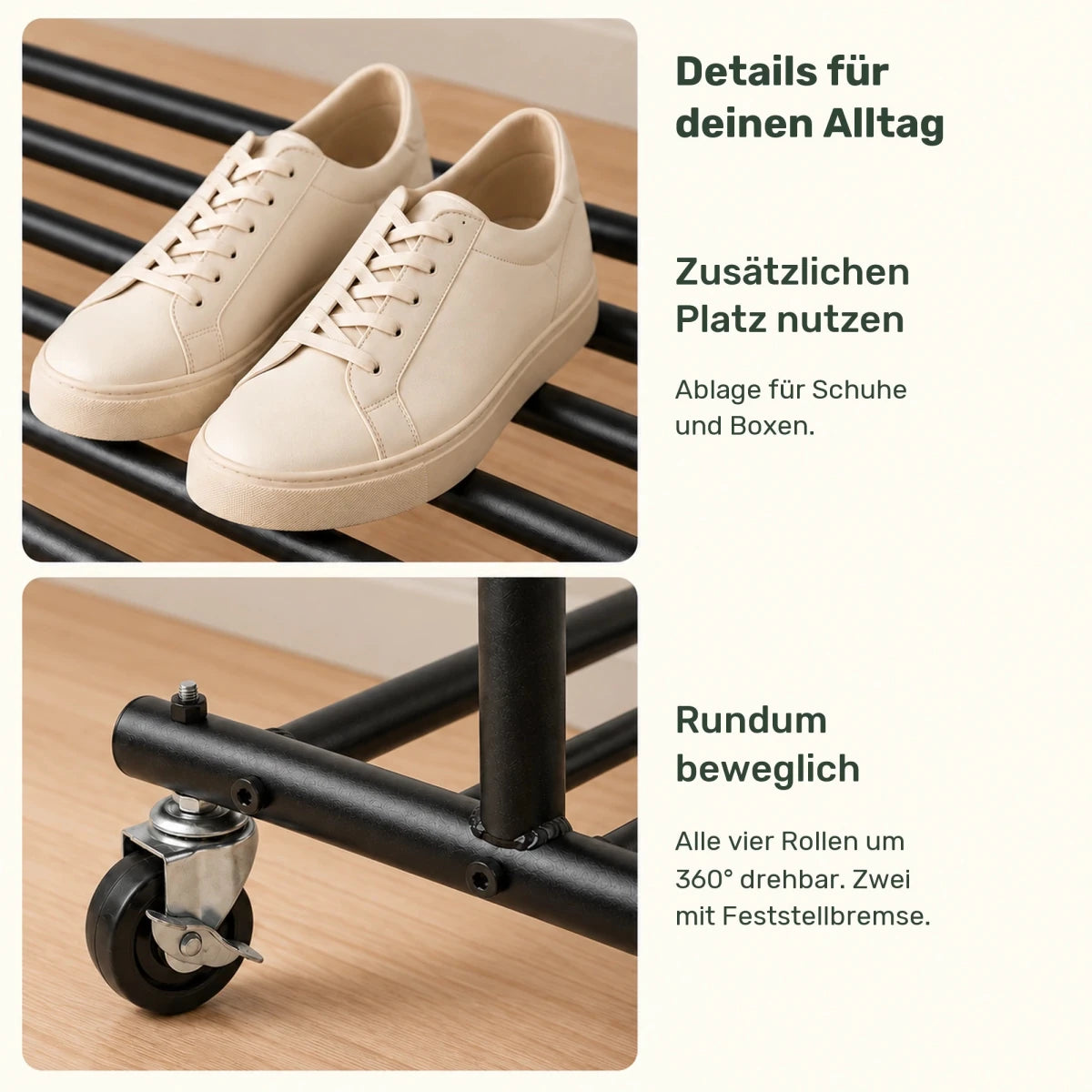 Kleiderständer auf Rollen Bernis – 80 kg, ausziehbar mit Schuhablage - nestful
