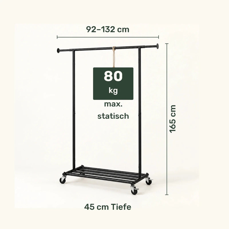 Kleiderständer auf Rollen Bernis – 80 kg, ausziehbar mit Schuhablage - nestful