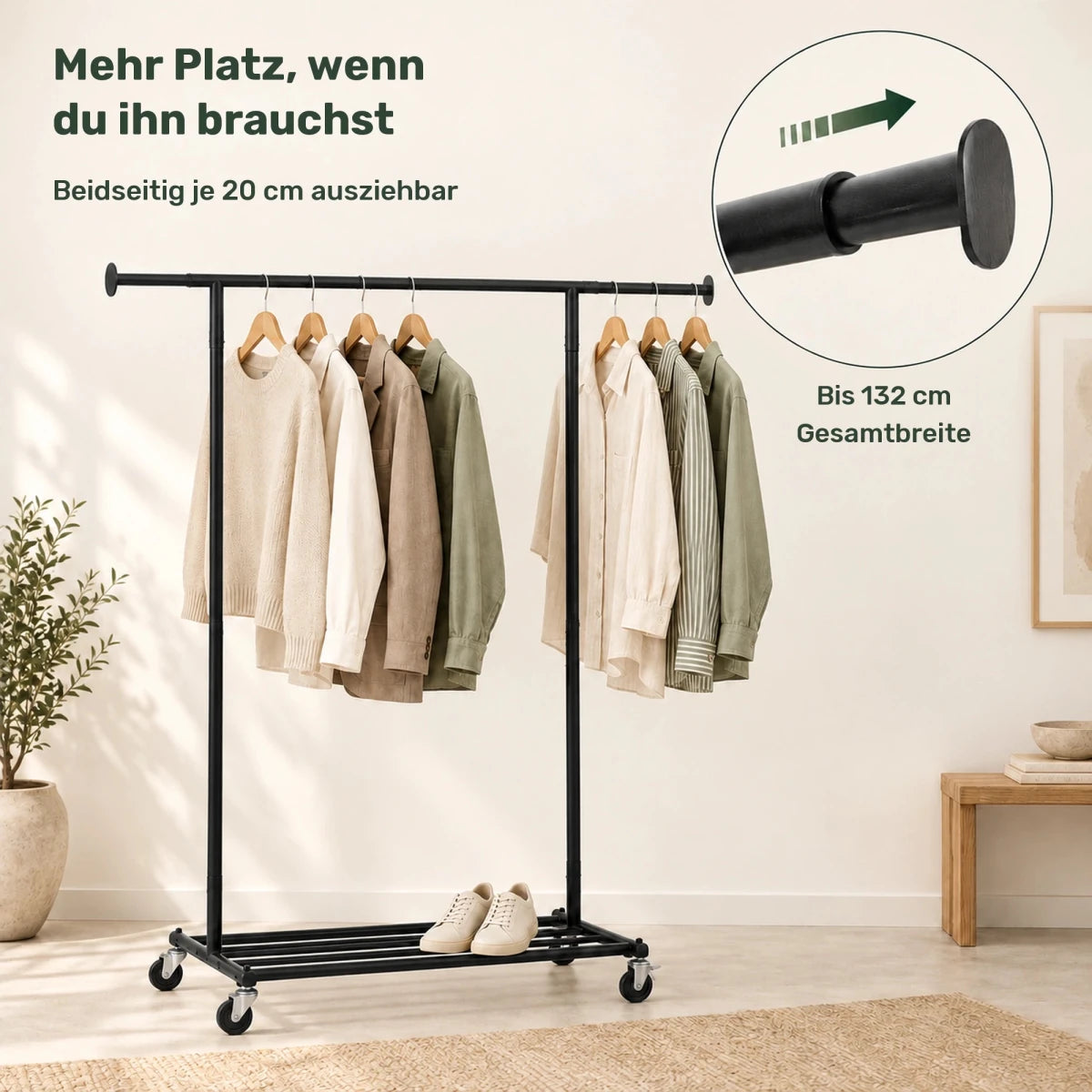 Kleiderständer auf Rollen Bernis – 80 kg, ausziehbar mit Schuhablage - nestful